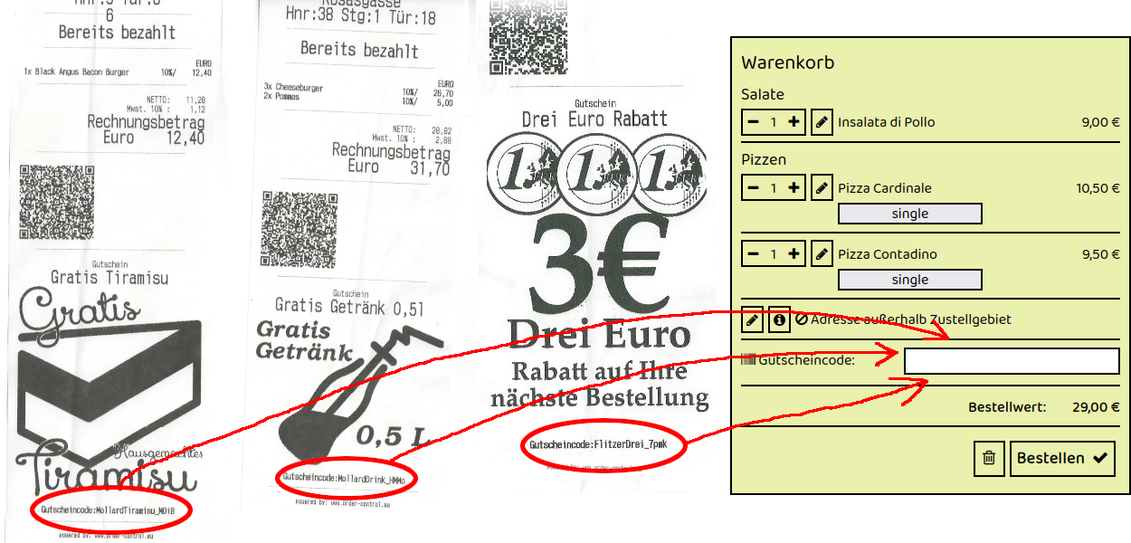 Beispiel für Gutscheincodes auf Rechnungszetteln von Pronto in Salzburg Ignaz Harrer Strasse 13 – drei Rechnungen mit individuellen Gutscheincodes, die im Online-Warenkorb des Restaurants eingegeben werden können.