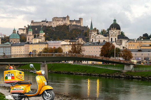 Zustellgebiet mit Hinweis auf Lieferung möglich sowie Pizza und Burger als Symbol für Lieferservice